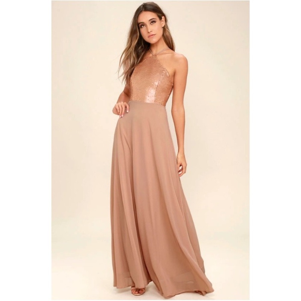 Lulus Womens Mauve‎ Gold Sequin Chiffon Halter Maxi Dress Formal Gown XS NEW